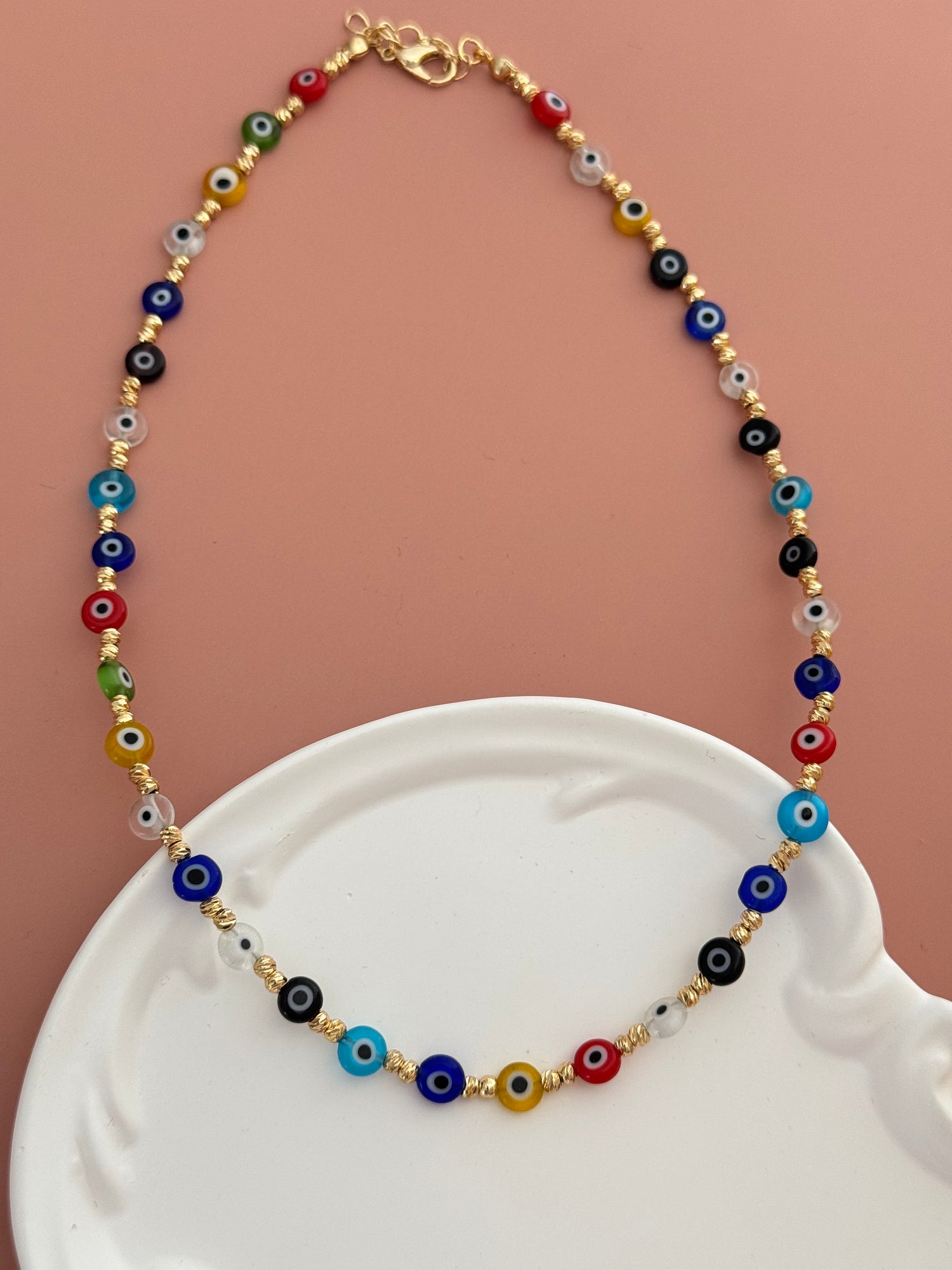 AURİ RENKLİ NAZAR BONCUKLU ALTIN KAPLAMA DETAYLI KOLYE