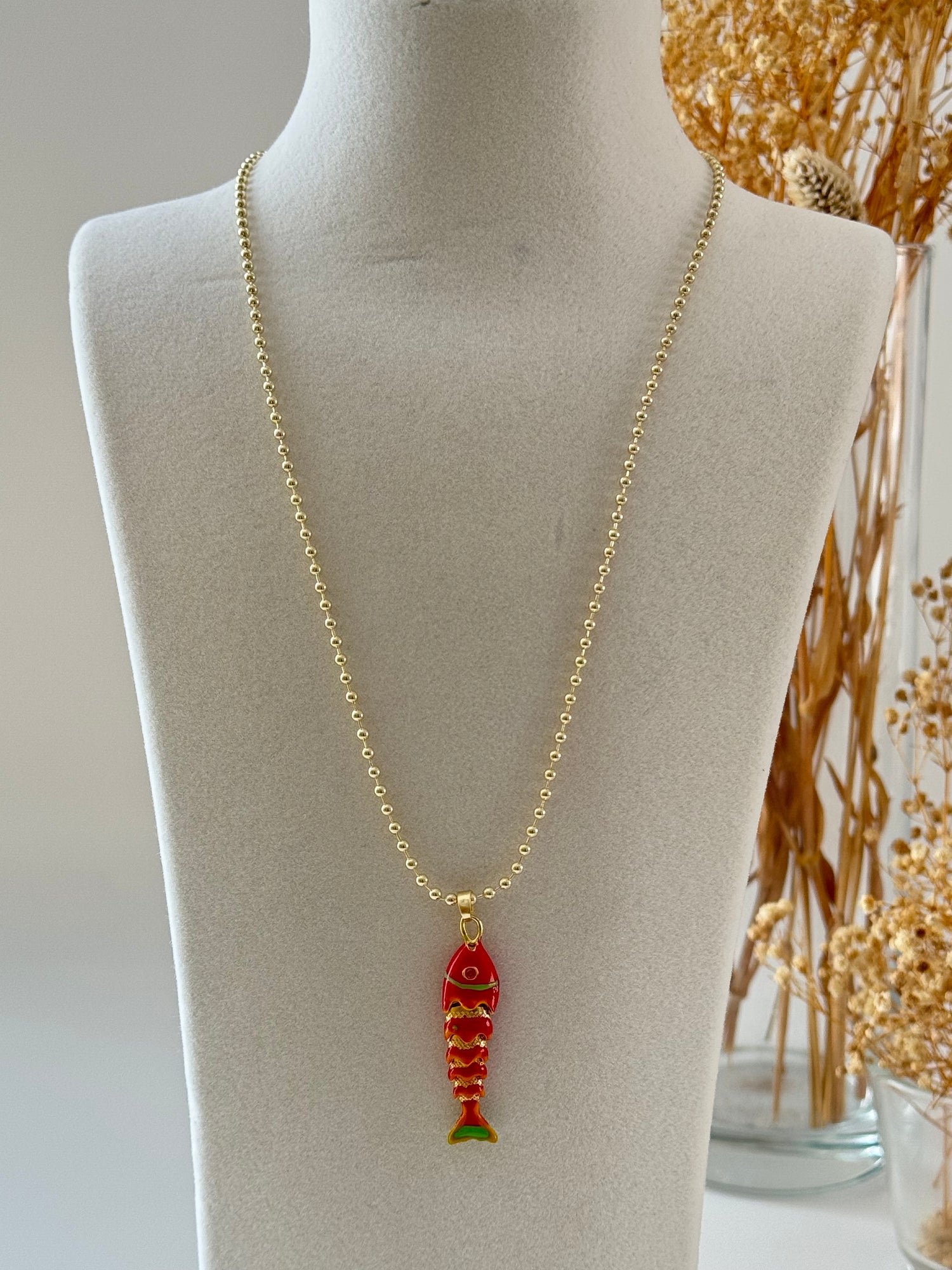 İTHAL KIRMIZI BALIK GOLD UZUN KOLYE 60cm