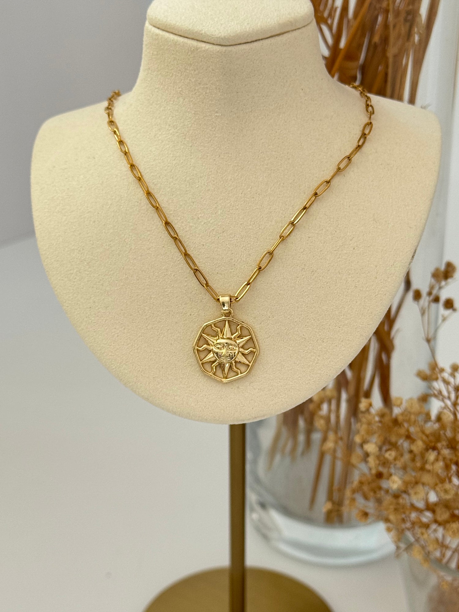 İTHAL GÜNEŞ DETAYLI GOLD ZİNCİR KOLYE