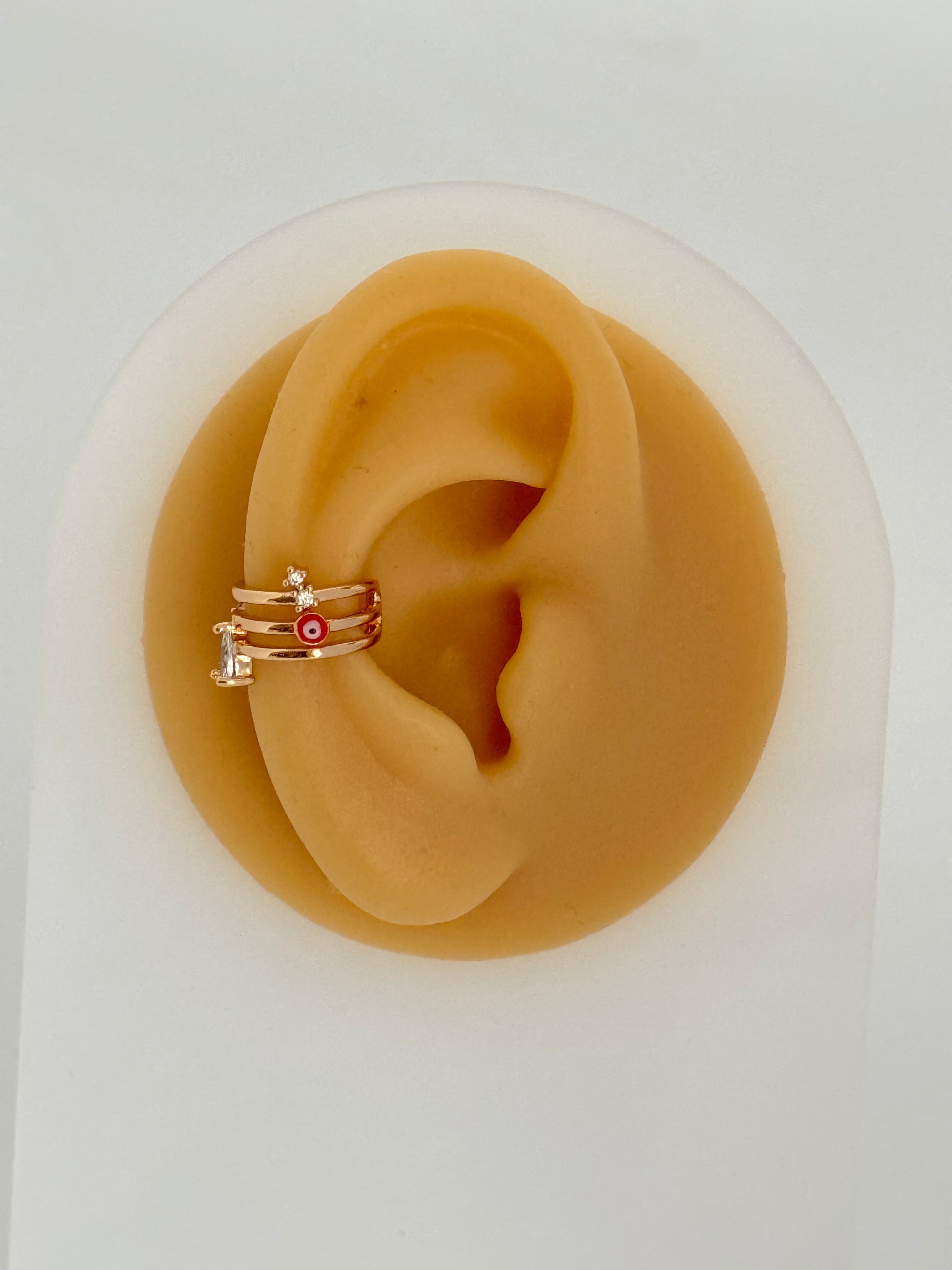 İTHAL KIRMIZI NAZAR BONCUK DETAYLI GOLD KIKIRDAK KÜPE EARCUFF