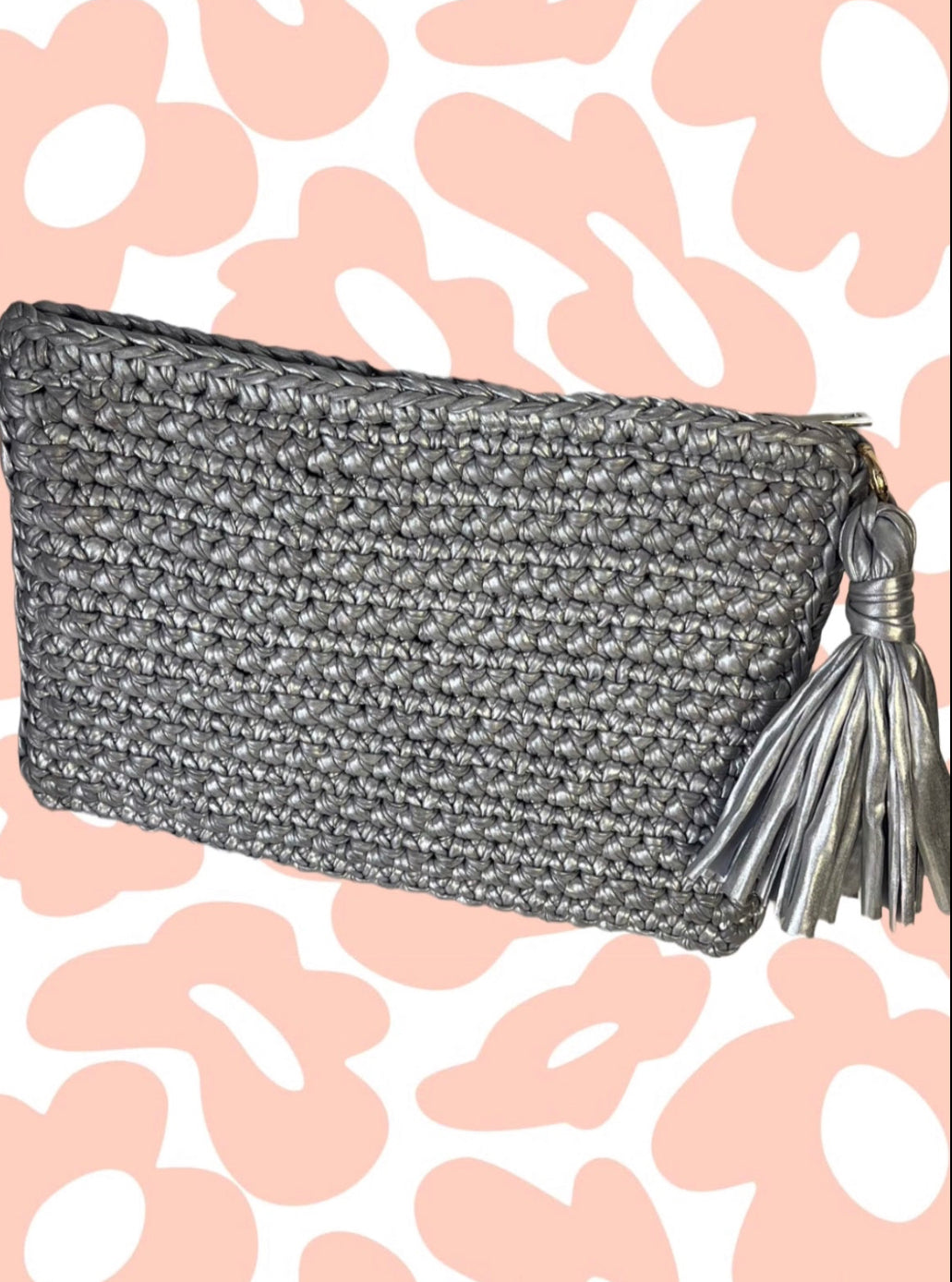 METALİK DERİ İPLİ EL ÖRGÜSÜ GÜMÜŞ CLUTCH ÇANTA