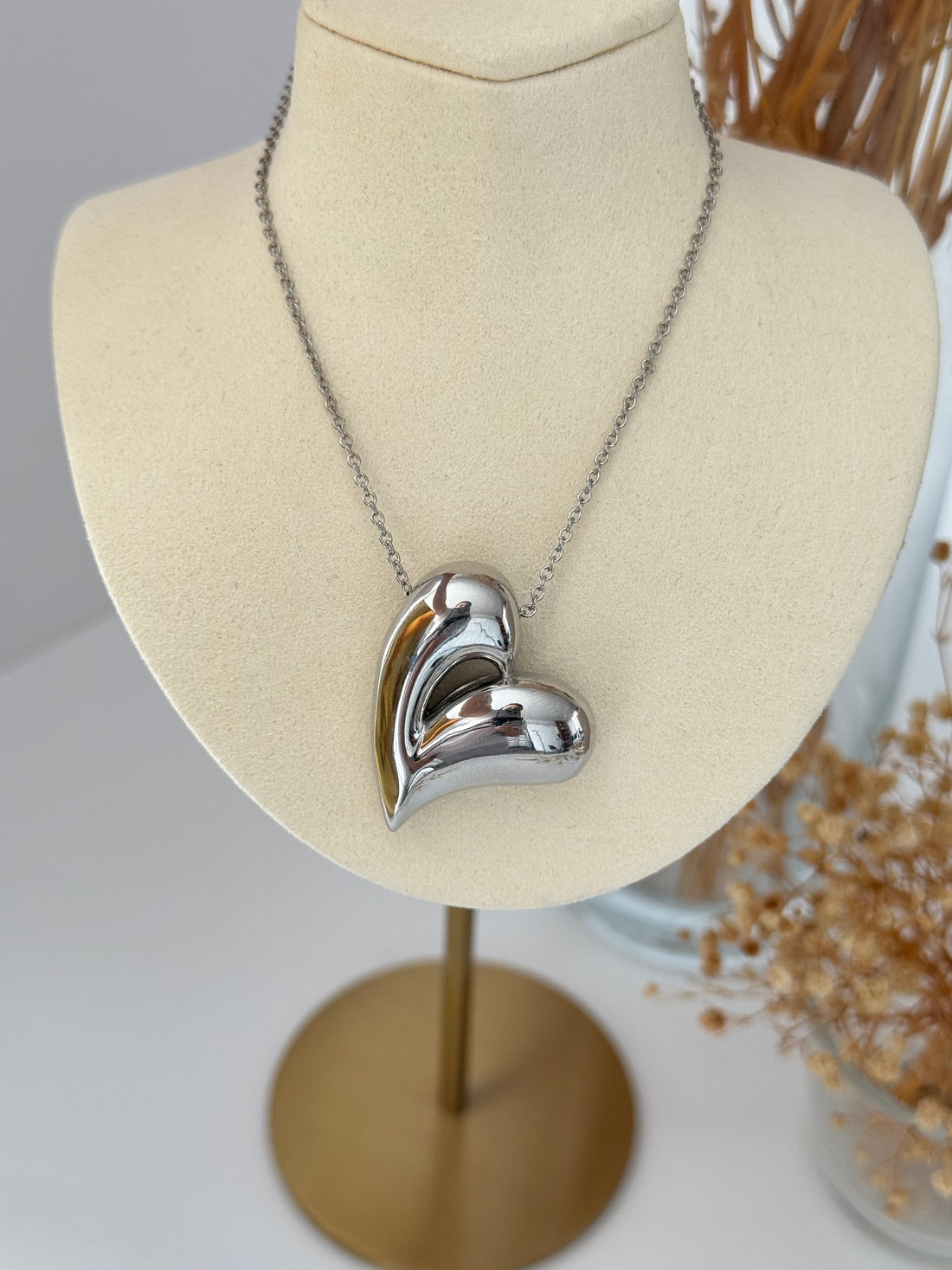 İTHAL KALP DETAYLI UZUN SİLVER KOLYE