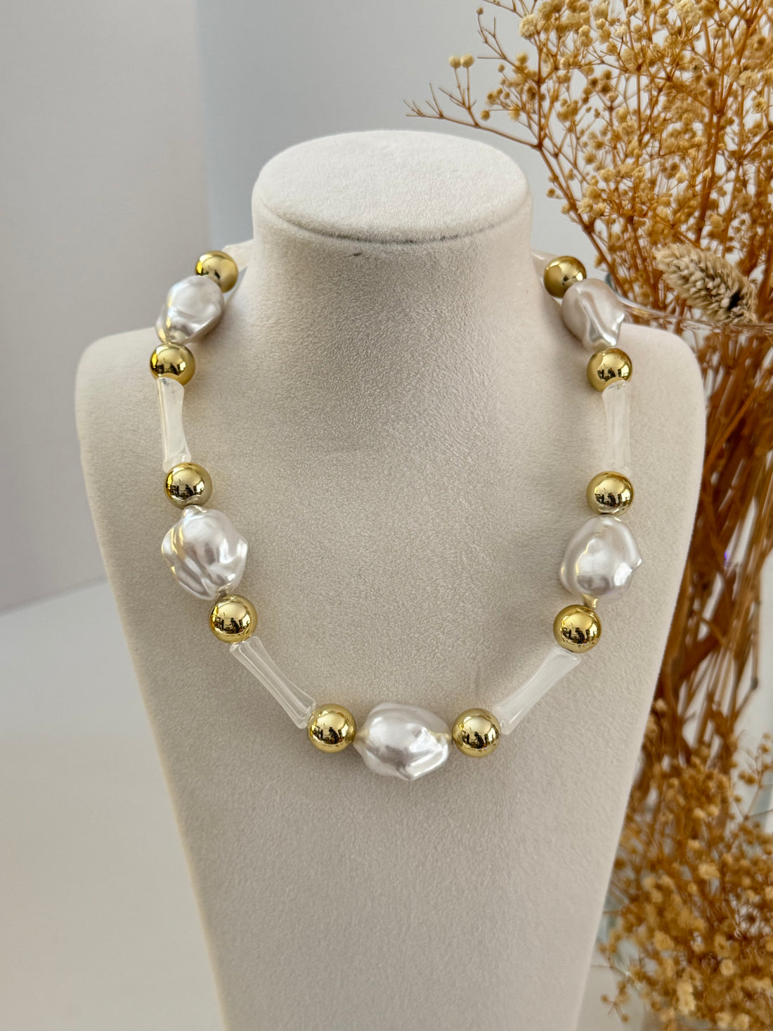 İTHAL İNCİ DETAYLI BEYAZ GOLD TOP KOLYE