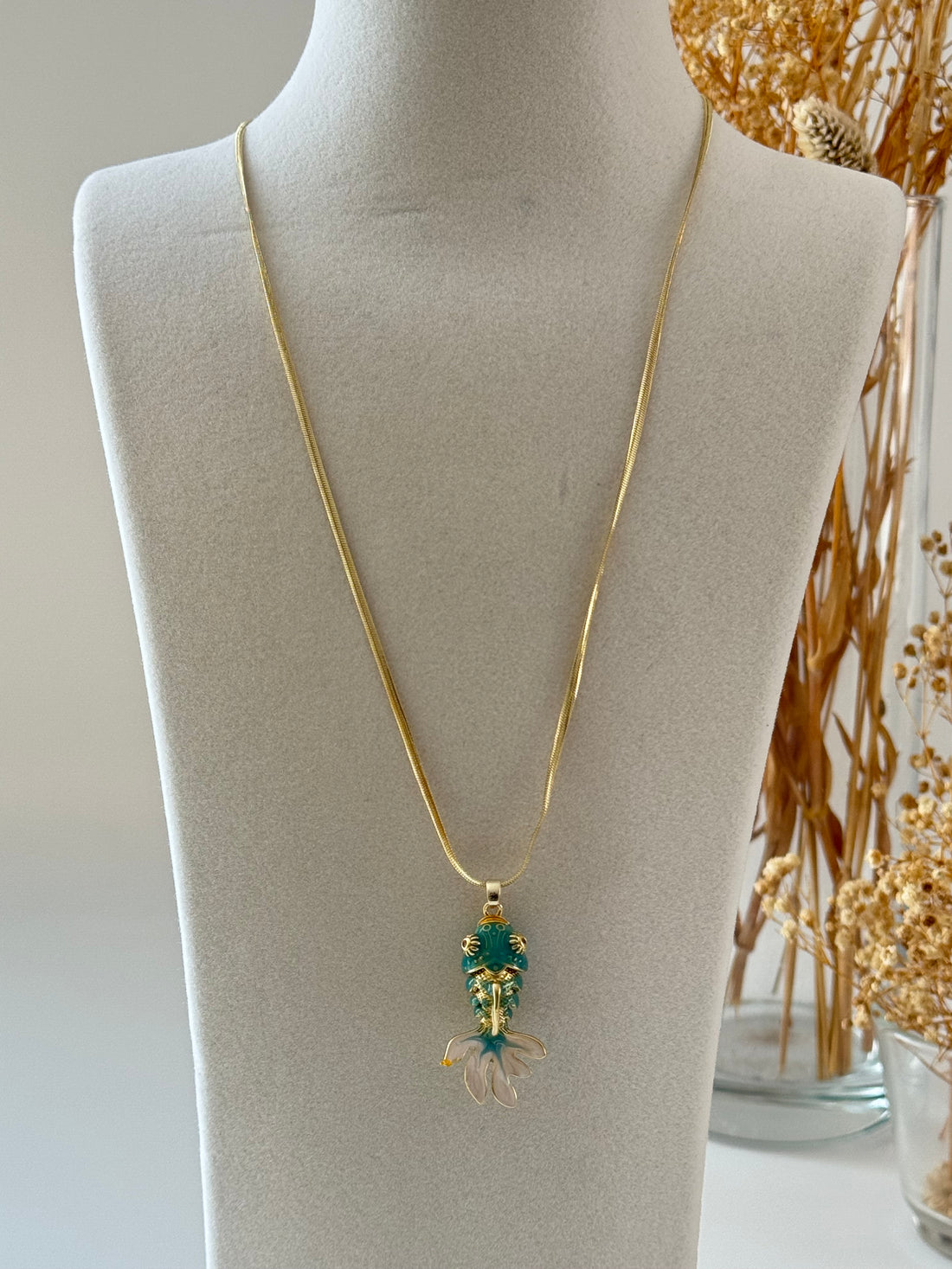 İTHAL TURKUAZ BALIK GOLD UZUN KOLYE 60cm