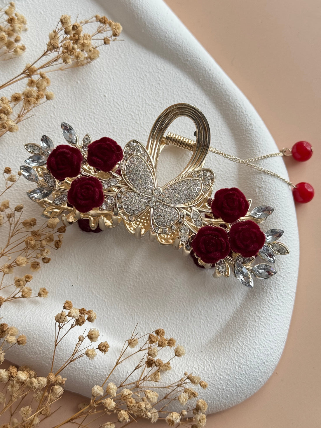 İTHAL BORDO ÇİÇEK DETAYLI GOLD METAL MANDAL TOKA