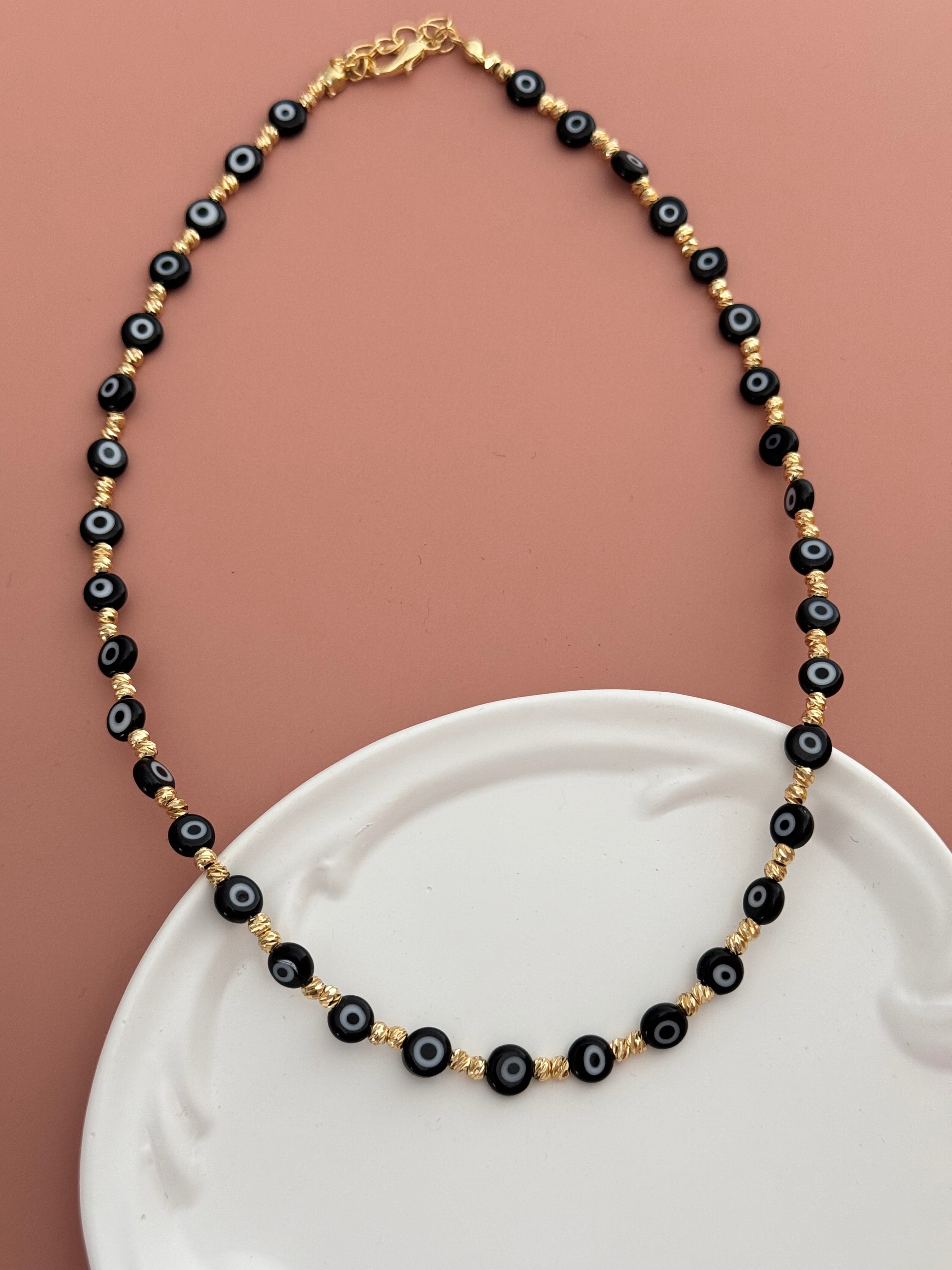 AURİ SİYAH NAZAR BONCUKLU ALTIN KAPLAMA DETAYLI KOLYE