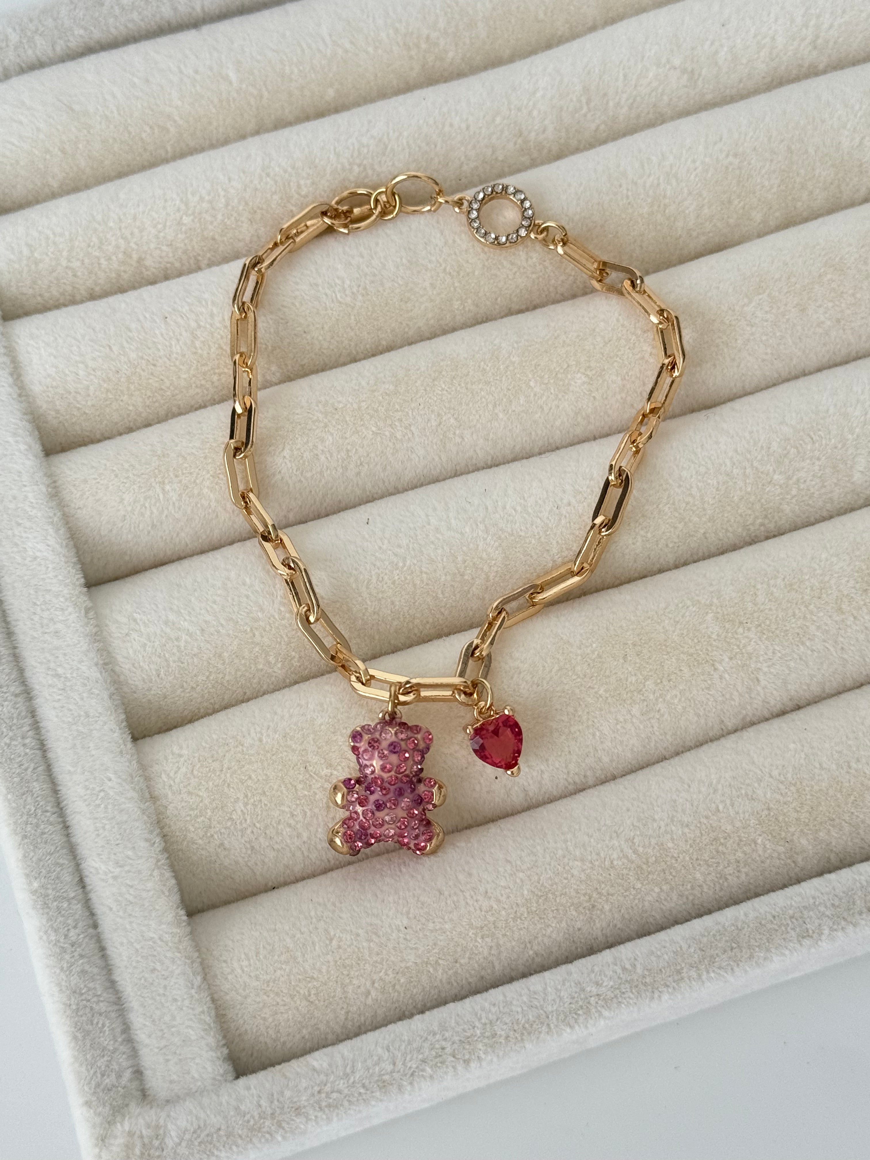 İTHAL PEMBE AYICIK TEDDY DETAYLI GOLD BİLEKLİK