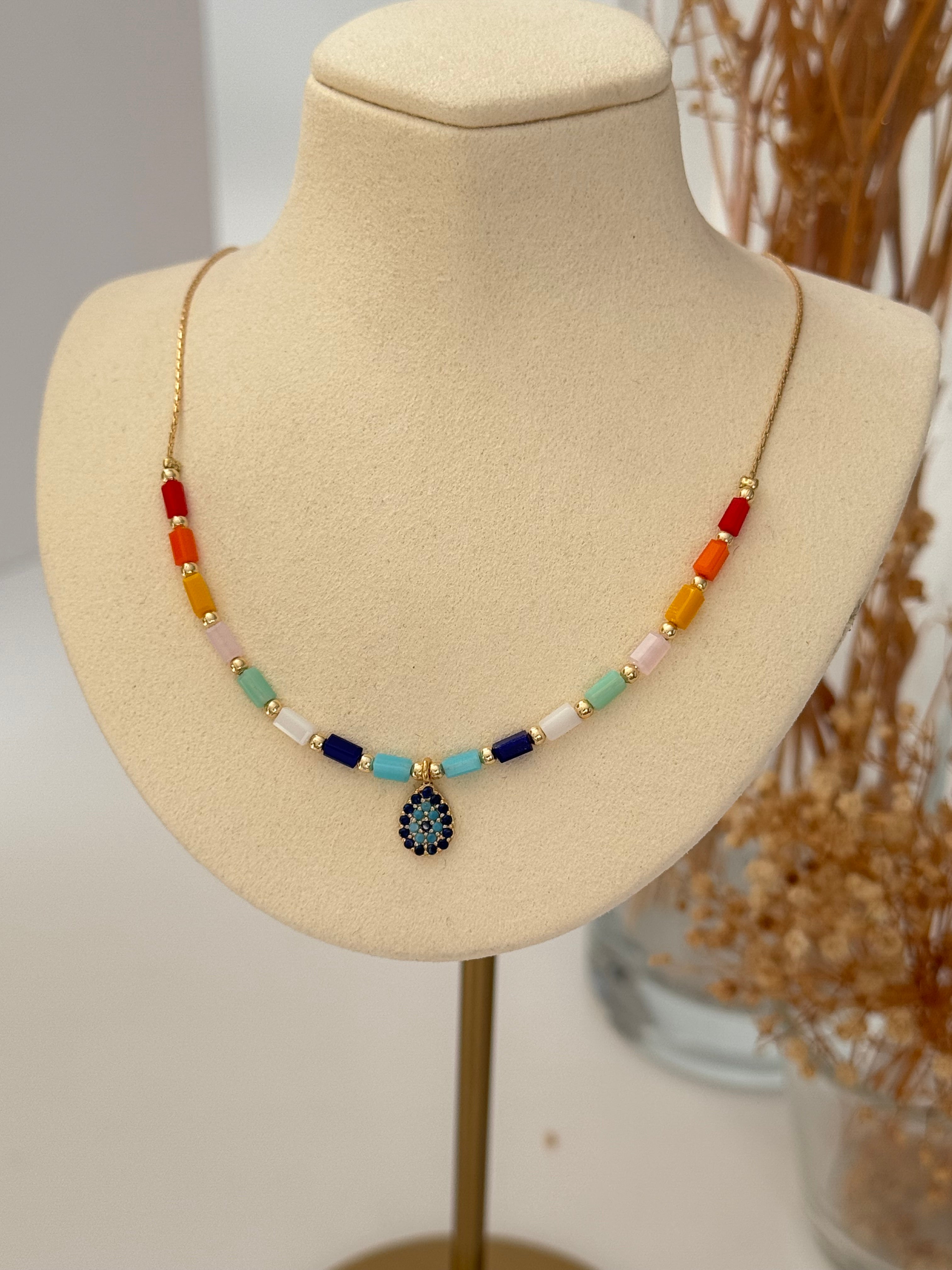 SORE RENKLİ TAŞLI NAZAR BONCUK DETAYLI GOLD ALTIN KAPLAMA KOLYE