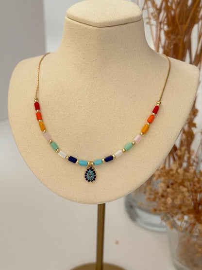 SORE RENKLİ TAŞLI NAZAR BONCUK DETAYLI GOLD ALTIN KAPLAMA KOLYE