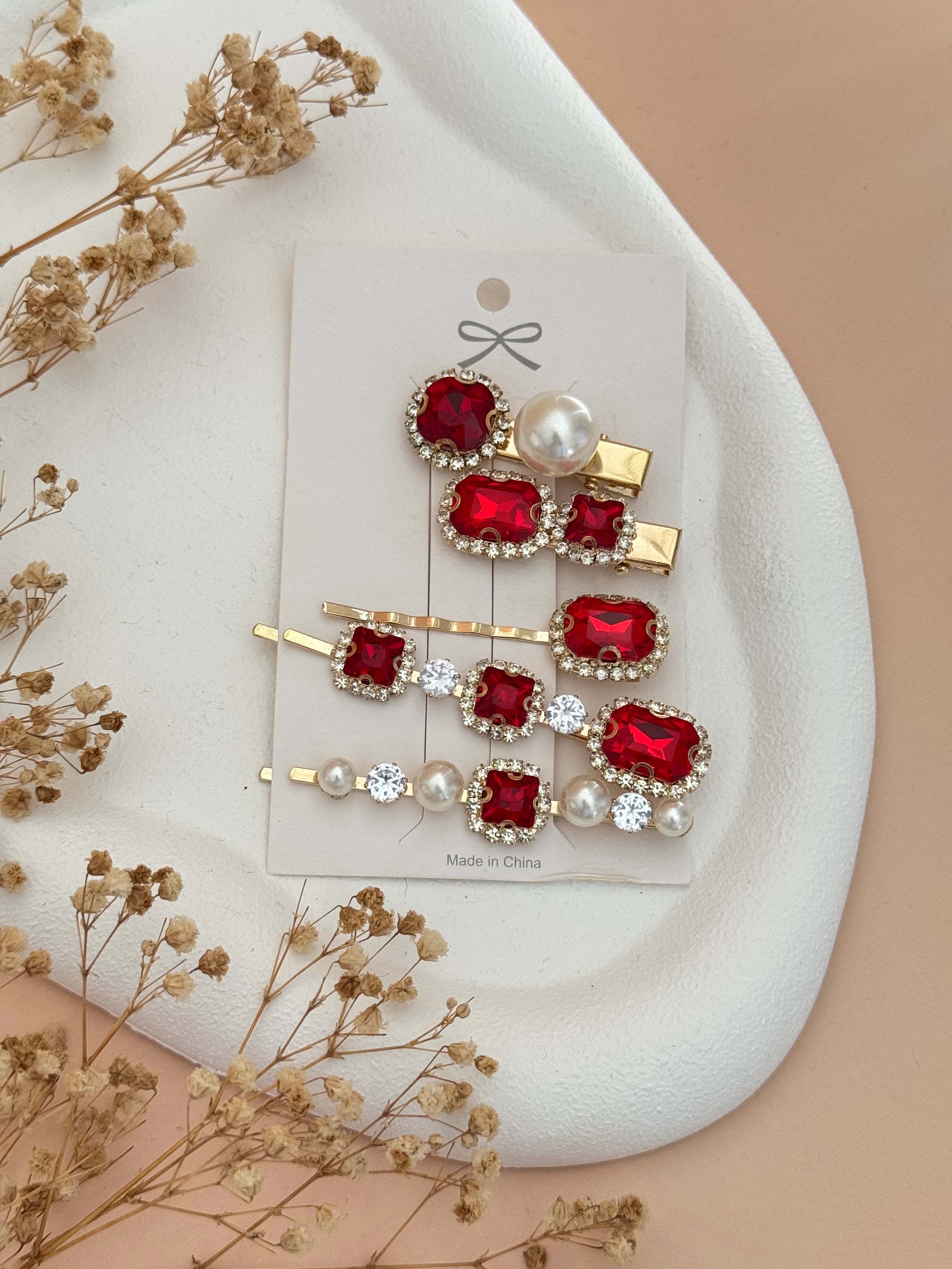 İTHAL KIRMIZI TAŞLI 5Lİ YAN TOKA SETİ