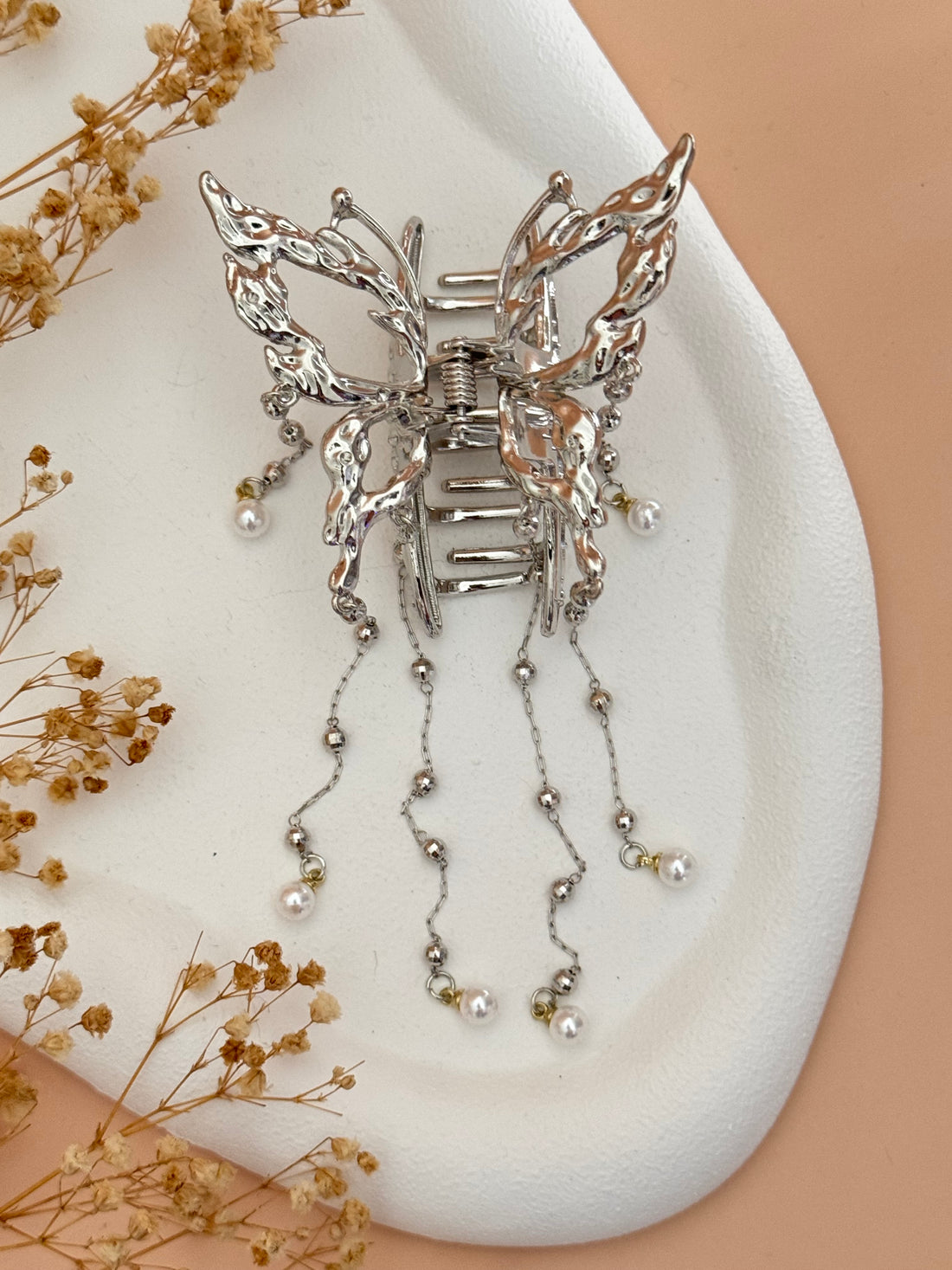 İTHAL KELEBEK DETAYLI SİLVER METAL TOKA