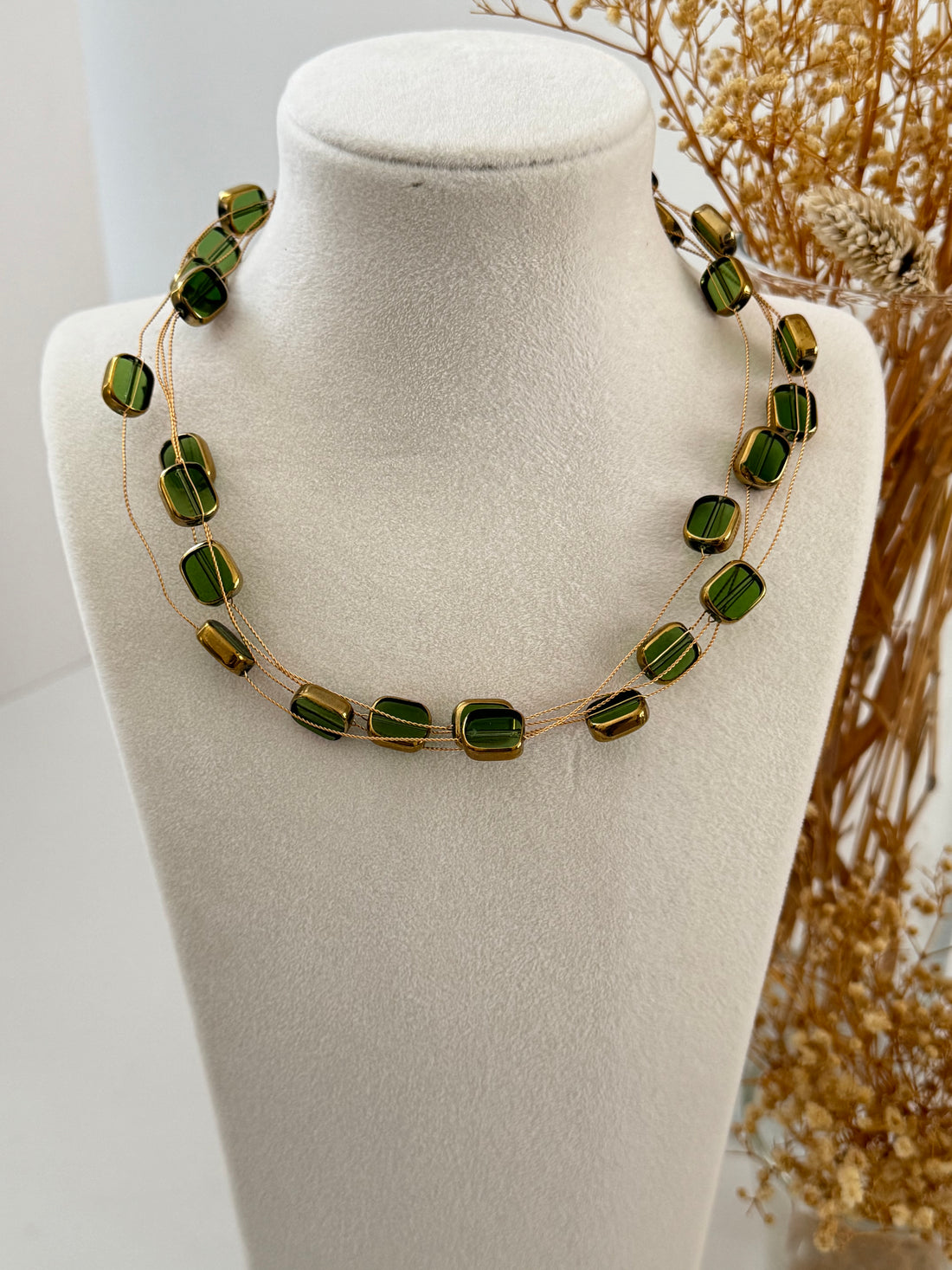 VARA YEŞİL KARE TAŞLI GOLD KOLYE