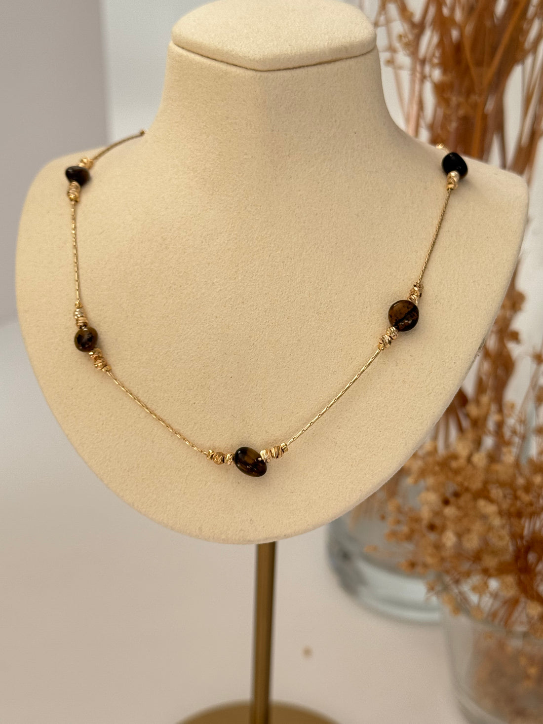 SİYARE KAHVERENGİ DOĞAL TAŞLI ALTIN KAPLAMA KOLYE