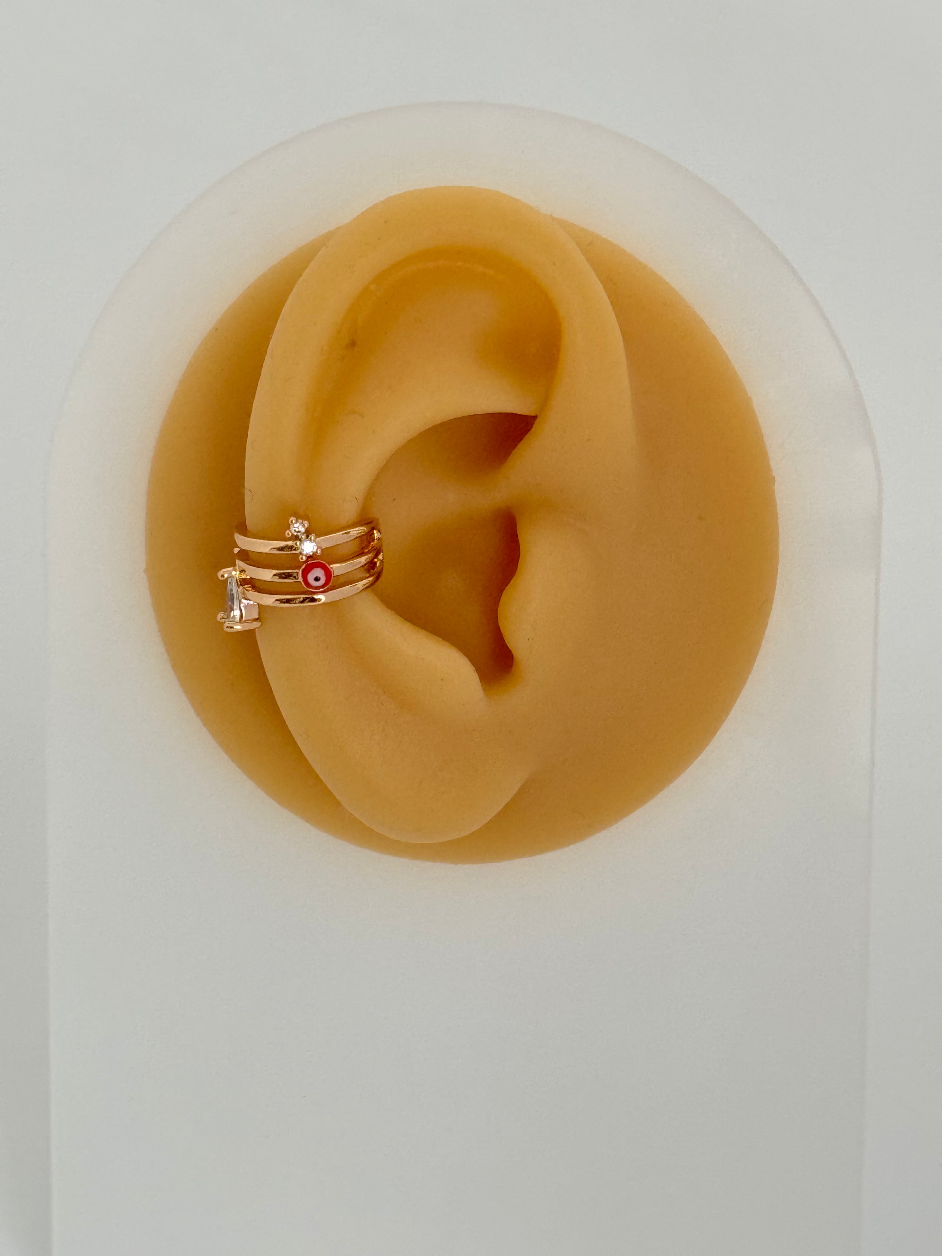 İTHAL KIRMIZI NAZAR BONCUK DETAYLI GOLD KIKIRDAK KÜPE EARCUFF