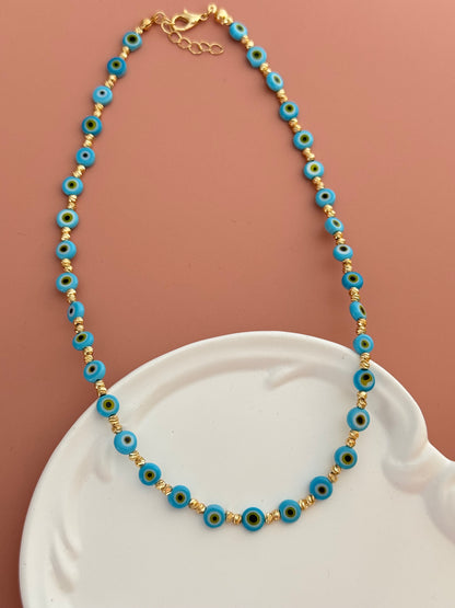 AURİ MAVİ NAZAR BONCUKLU ALTIN KAPLAMA DETAYLI KOLYE