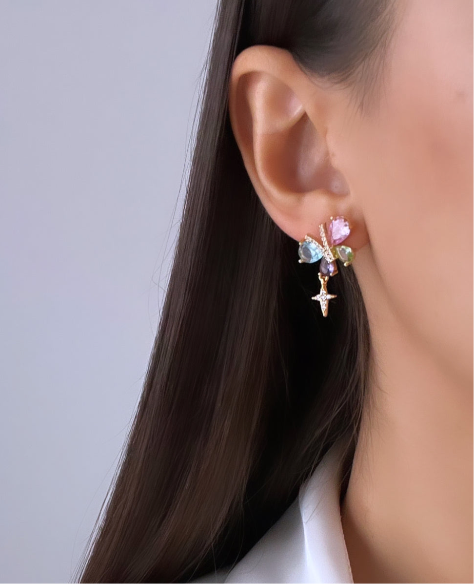 RENKLİ TAŞLI GOLD KELEBEK KÜPE