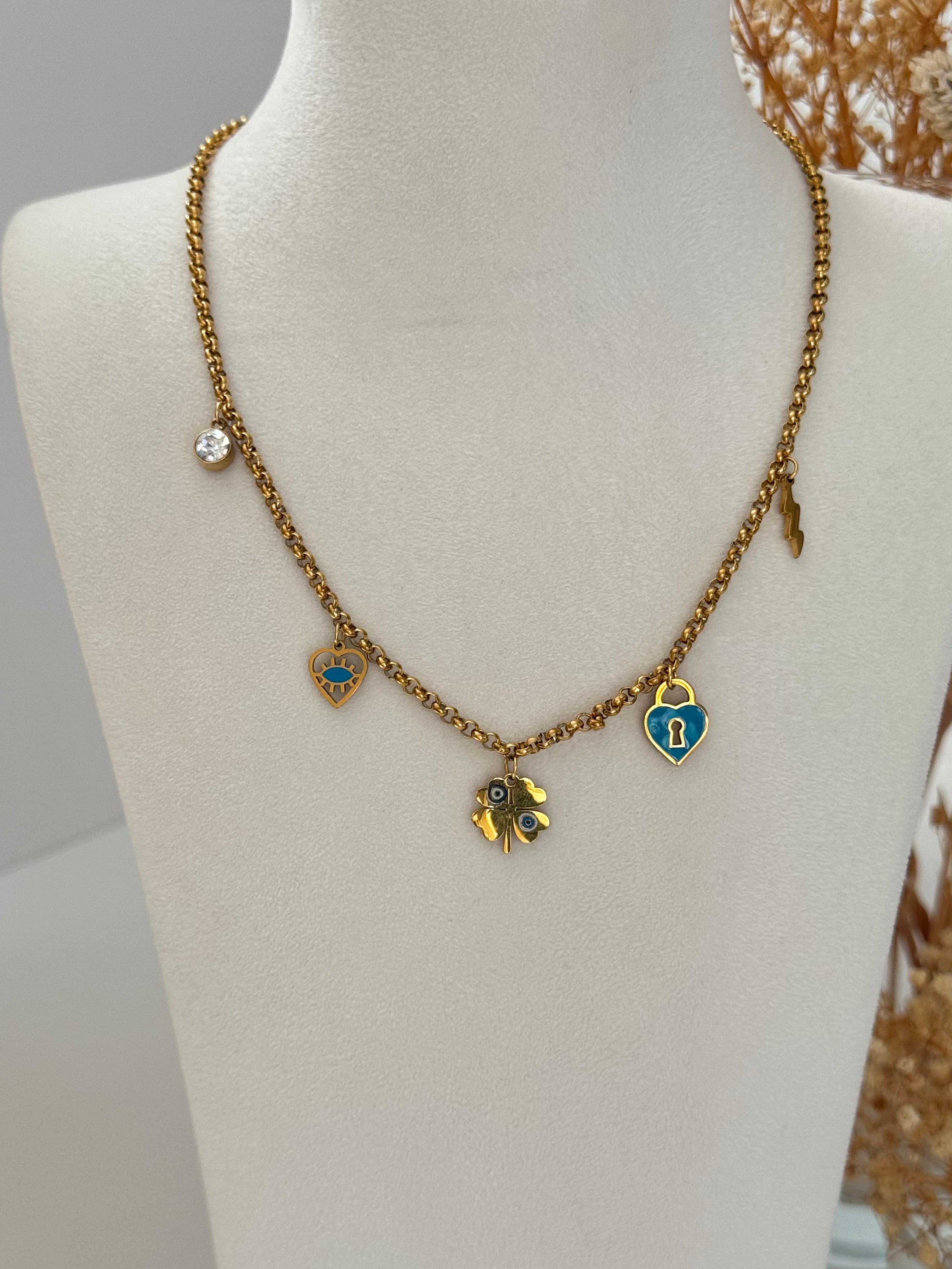 MAVİ MİNE DETAYLI GOLD ÇELİK KOLYE