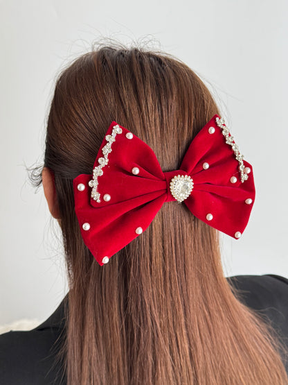 İTHAL KIRMIZI KADİFE KALP DETAYLI FİYONK TOKA