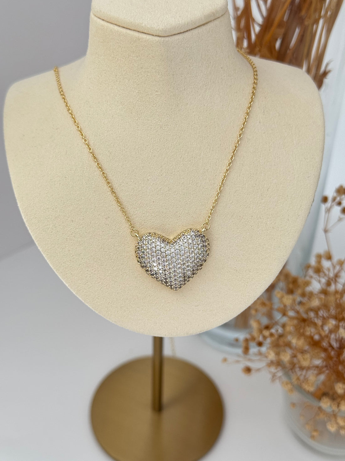 İTHAL TAŞLI KALP DETAYLI UZUN GOLD KOLYE