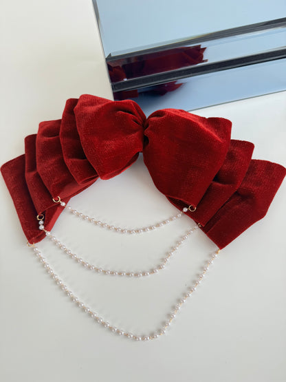 İTHAL KIRMIZI KADİFE SALLANTILI İNCİ DETAYLI TOKA