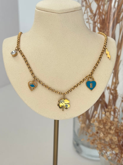 MAVİ MİNE DETAYLI GOLD ÇELİK KOLYE