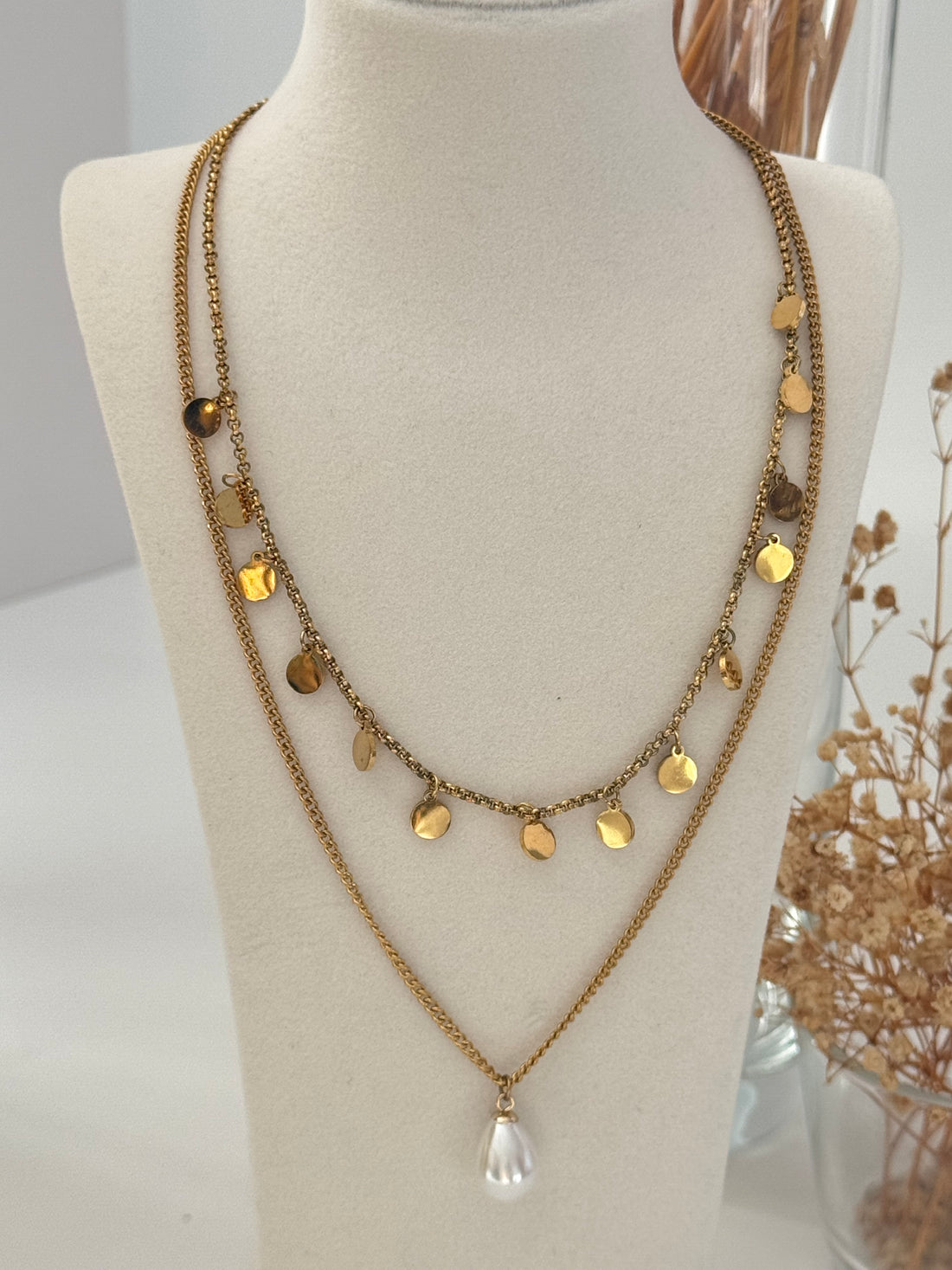 İNCİ DETAYLI DETAYLI GOLD ÇELİK KOLYE