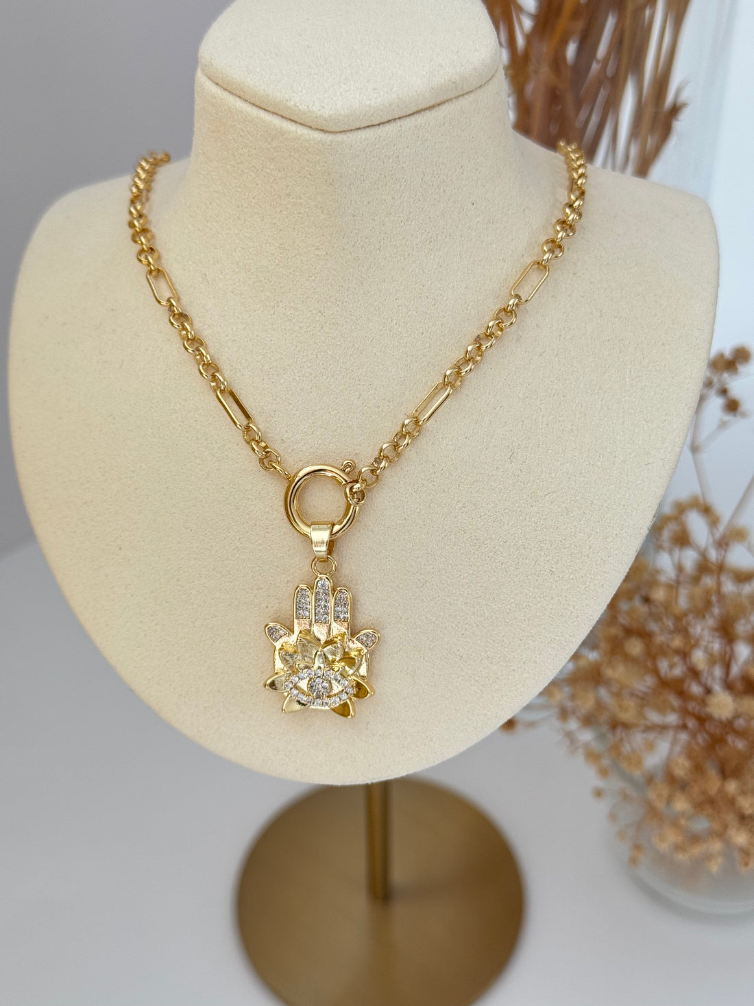 ARELA FATIMA ANA ELİ DETAYLI MİSTİK GOLD KOLYE