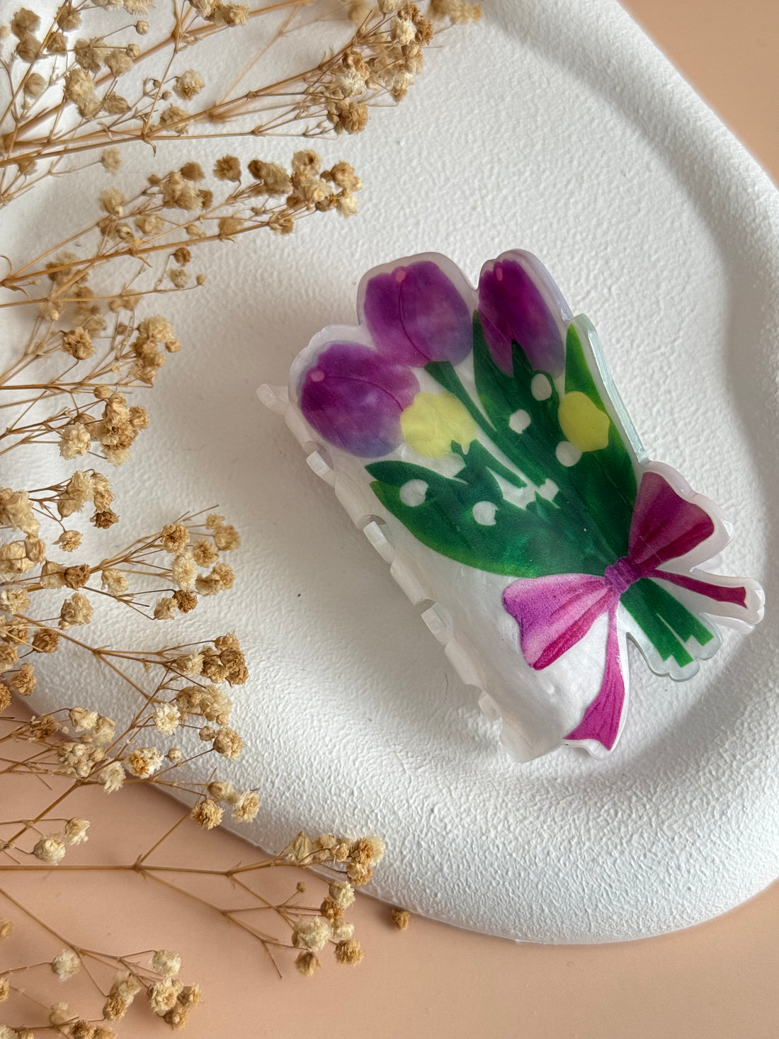 İTHAL MOR LALE ÇİÇEK BUKETİ KEMİK MANDAL TOKA