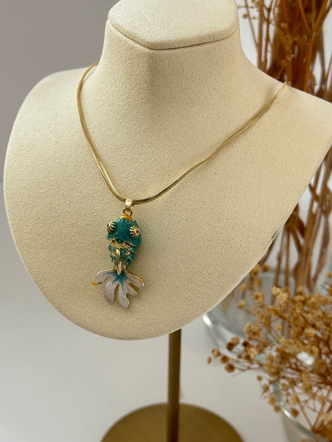 İTHAL TURKUAZ BALIK GOLD UZUN KOLYE 60cm