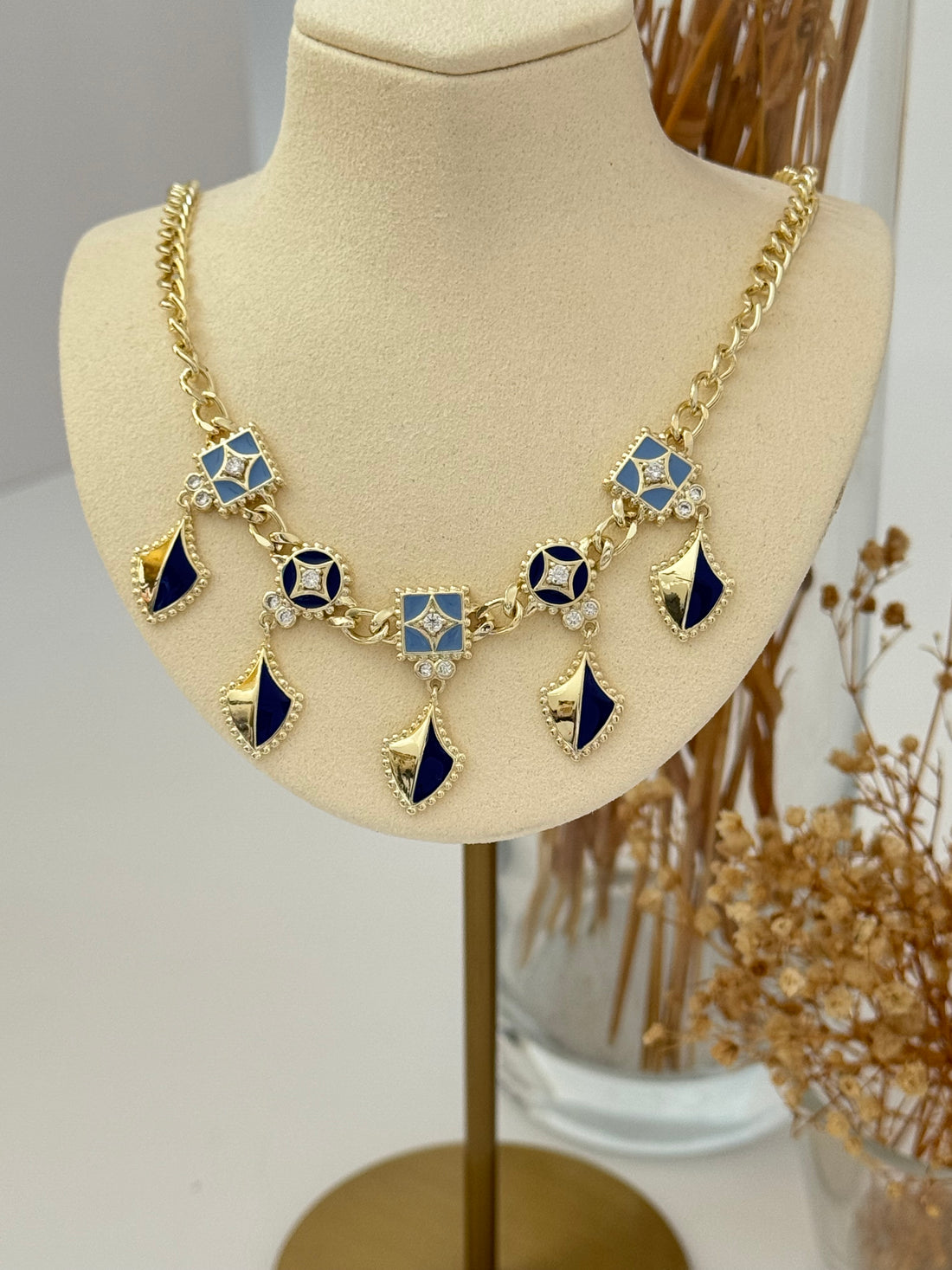 İTHAL MAVİ MİNELİ GOLD ZİNCİR KOLYE