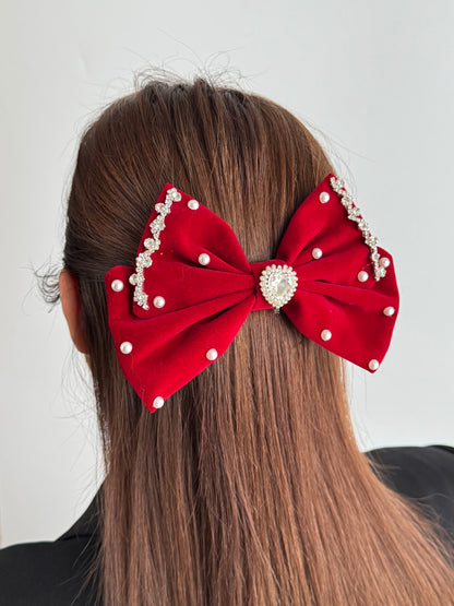 İTHAL KIRMIZI KADİFE KALP DETAYLI FİYONK TOKA