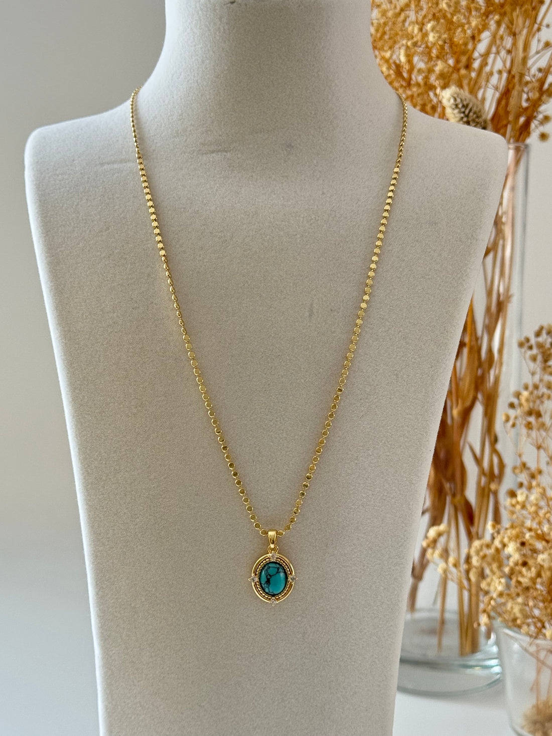 VAHE FİRUZE TAŞLI EZME ZİNCİRLİ UZUN KOLYE 60cm