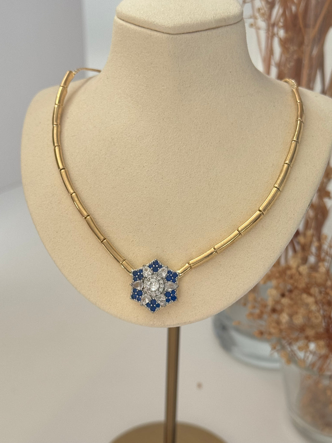 İTHAL MAVİ TAŞLI GOLD KOLYE