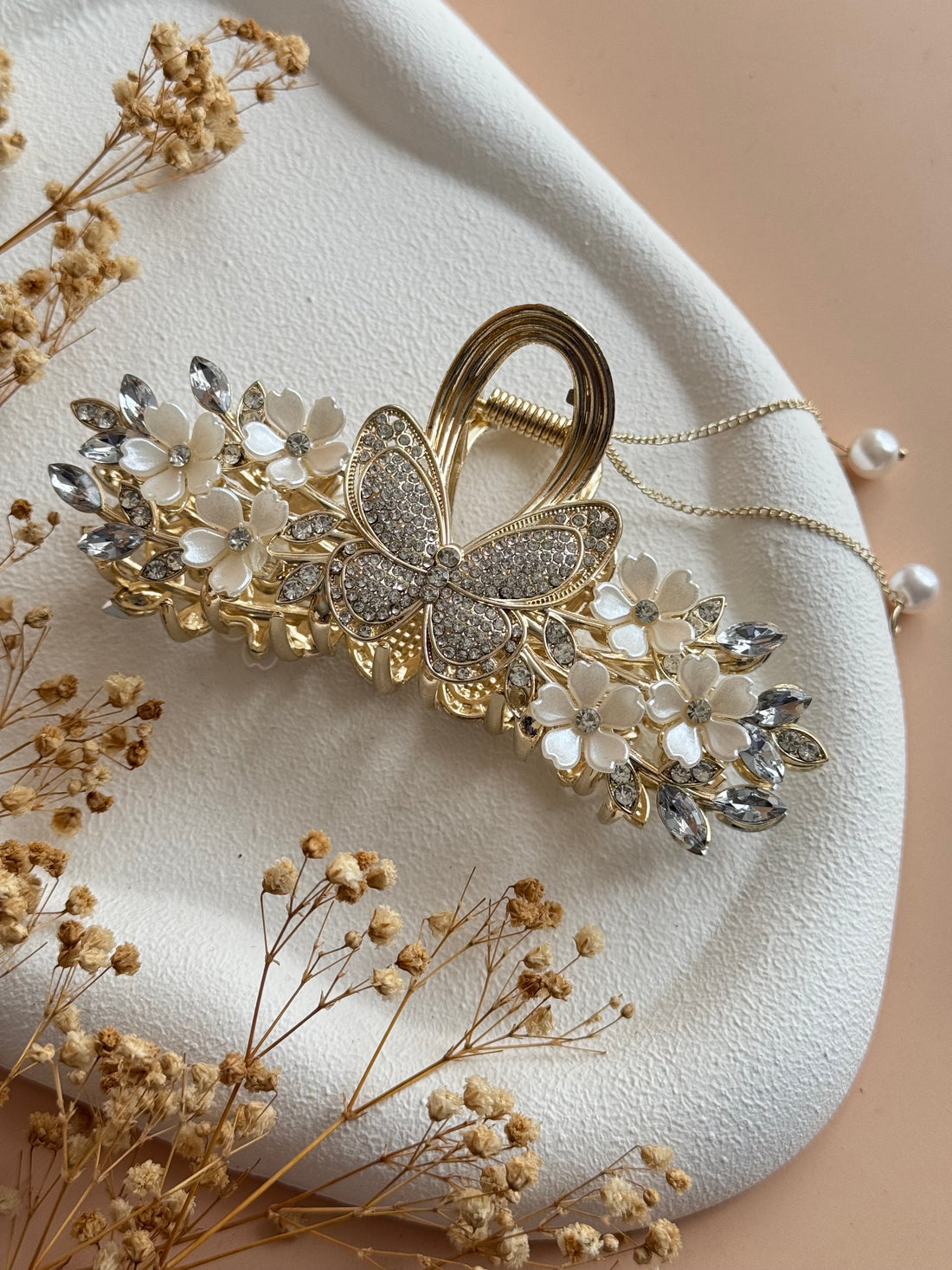 İTHAL KREM ÇİÇEK DETAYLI GOLD METAL MANDAL TOKA