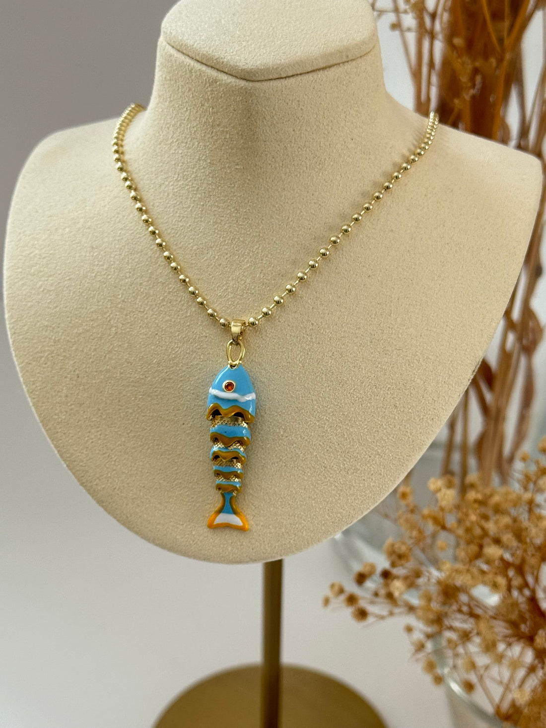 İTHAL MAVİ BALIK GOLD UZUN KOLYE 60cm