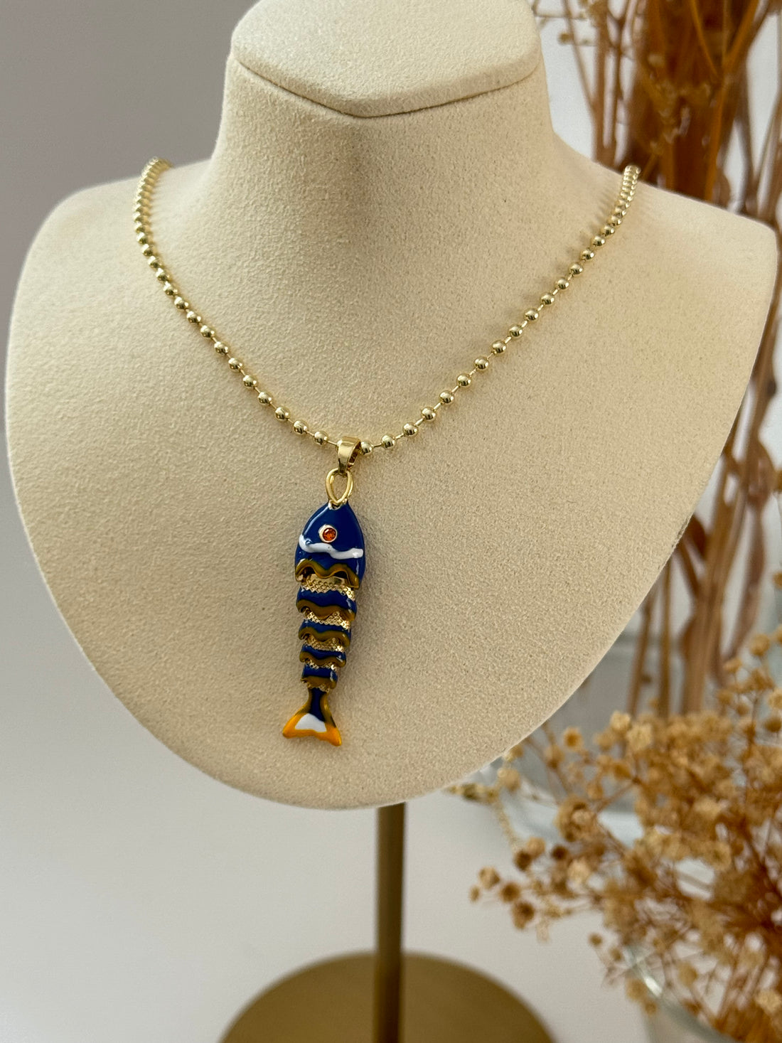 İTHAL LACİVERT BALIK GOLD UZUN KOLYE 60cm