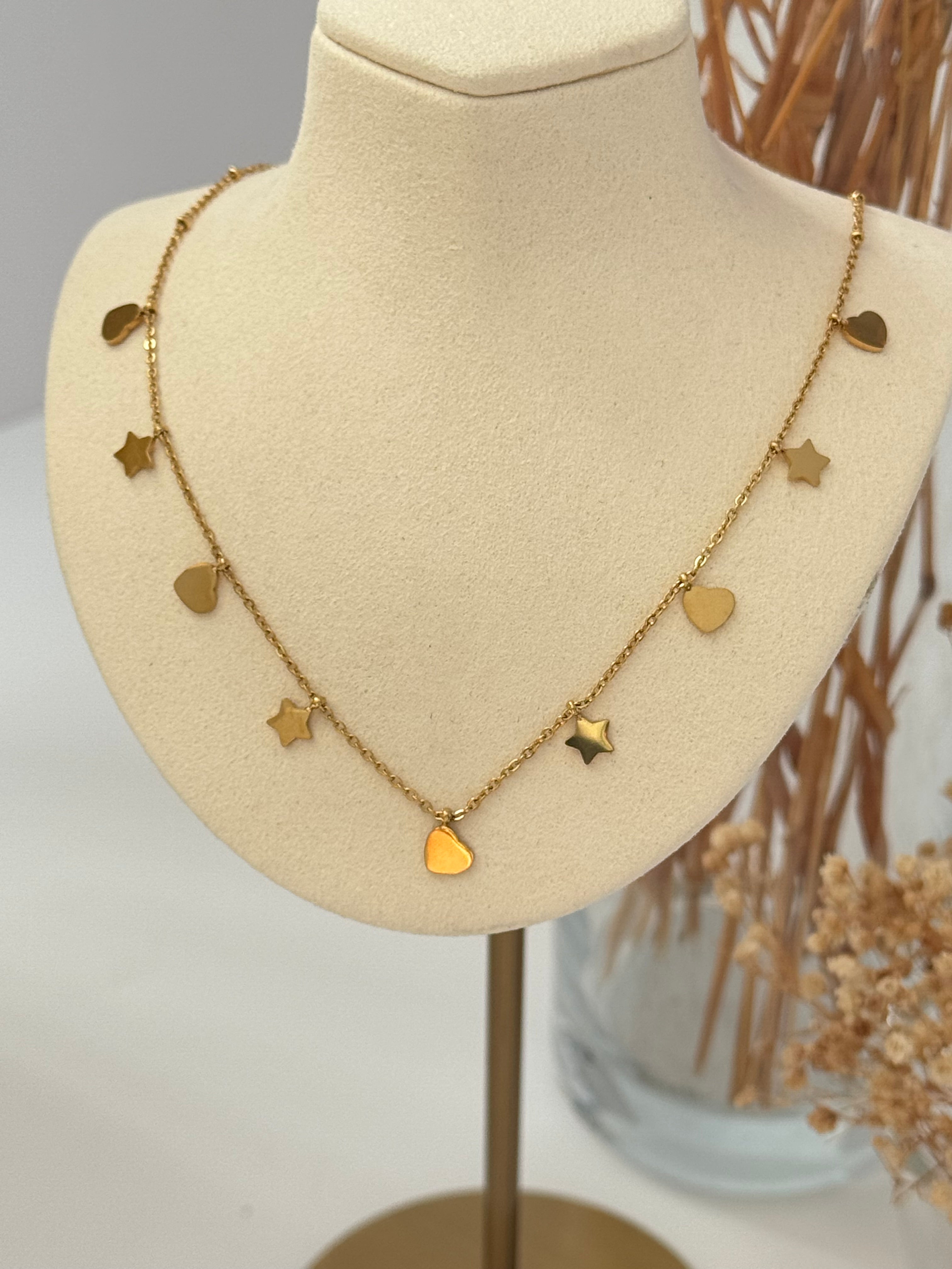 YILDIZ KALP DETAYLI GOLD ÇELİK KOLYE