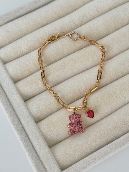 İTHAL PEMBE AYICIK TEDDY DETAYLI GOLD BİLEKLİK