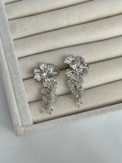 İTHAL ÇİÇEK DETAYLI SALLANTILI SİLVER KÜPE