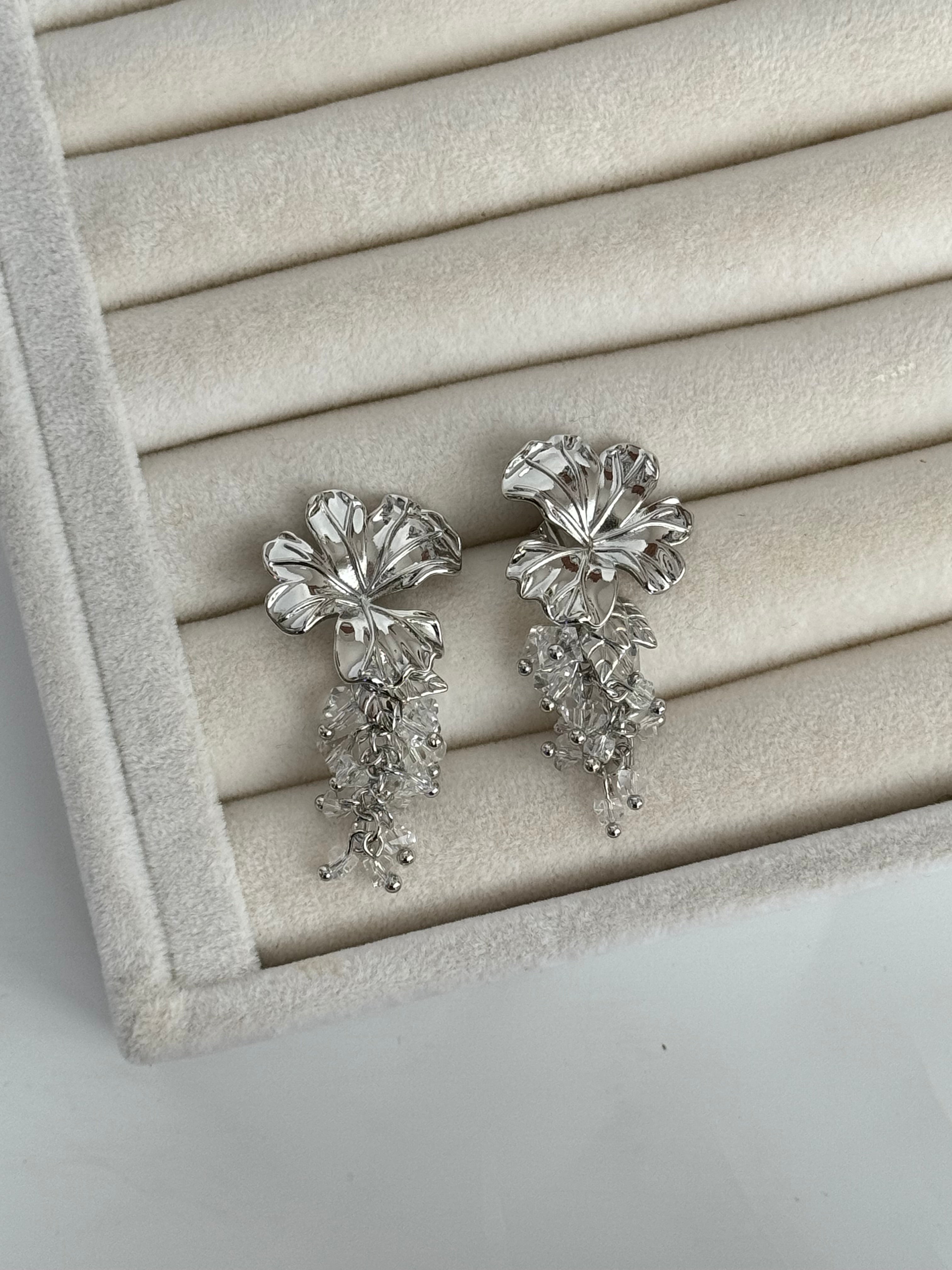 İTHAL ÇİÇEK DETAYLI SALLANTILI SİLVER KÜPE