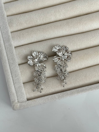 İTHAL ÇİÇEK DETAYLI SALLANTILI SİLVER KÜPE