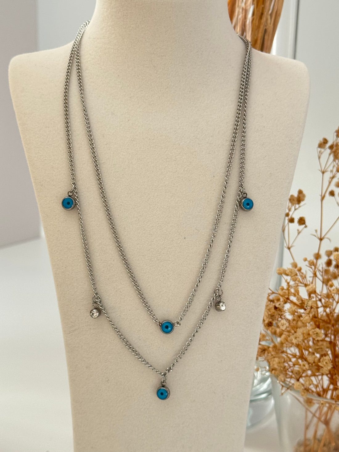 NAZAR BONCUK DETAYLI SİLVER  ÇELİK KOLYE