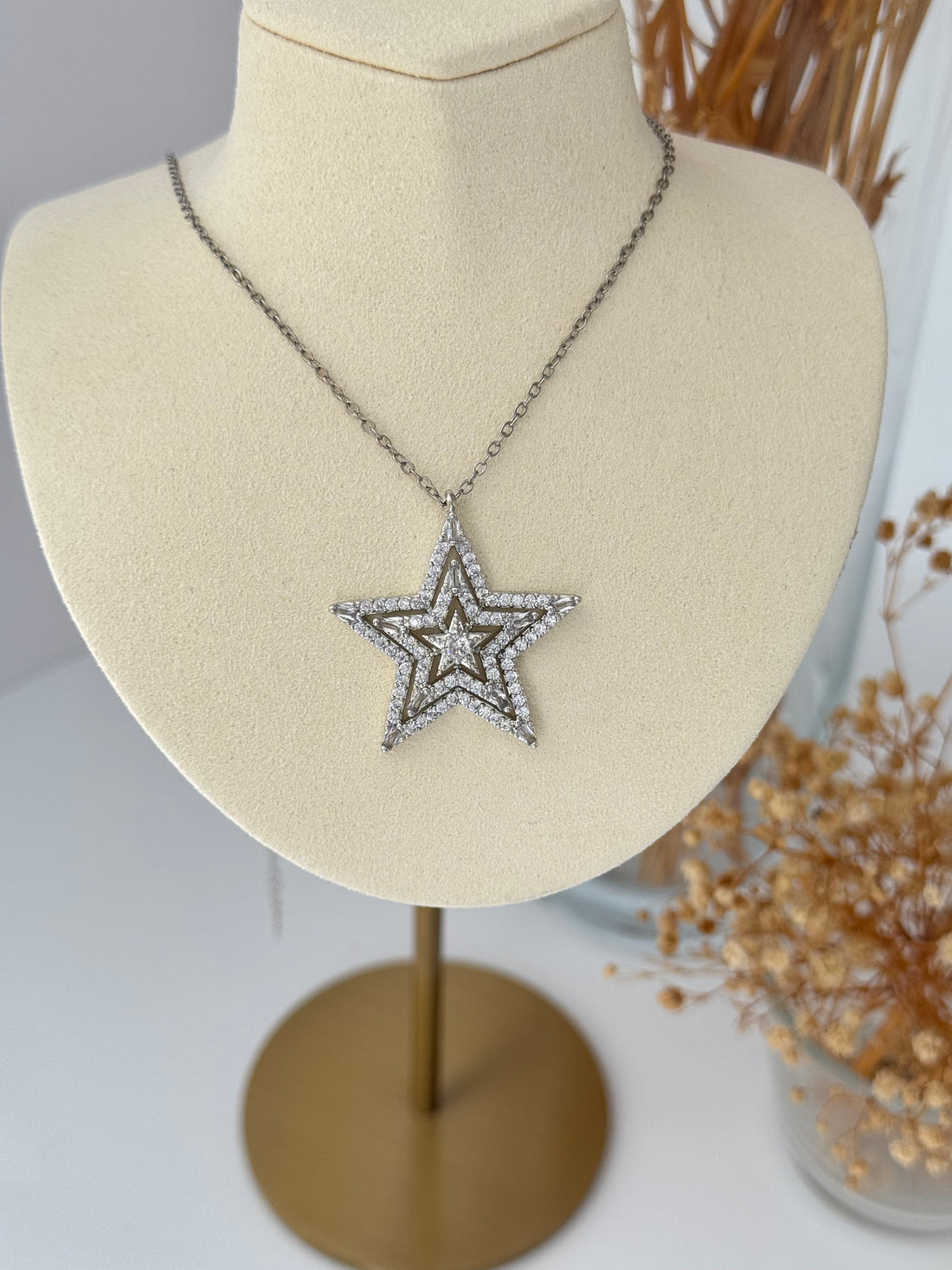 İTHAL YILDIZ DETAYLI UZUN SİLVER KOLYE