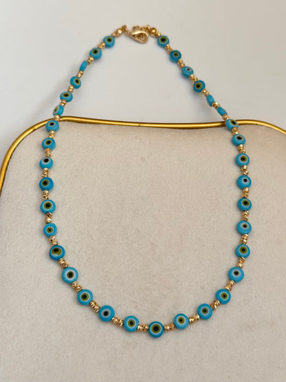 AURİ MAVİ NAZAR BONCUKLU ALTIN KAPLAMA DETAYLI KOLYE