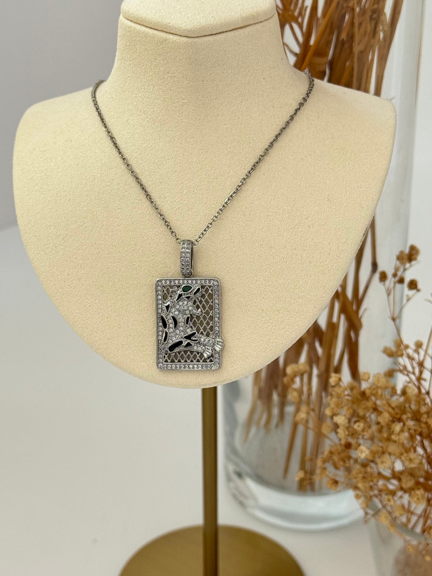 KAPLAN DETAYLI DİKDÖRTGEN ÇELİK SİLVER KOLYE