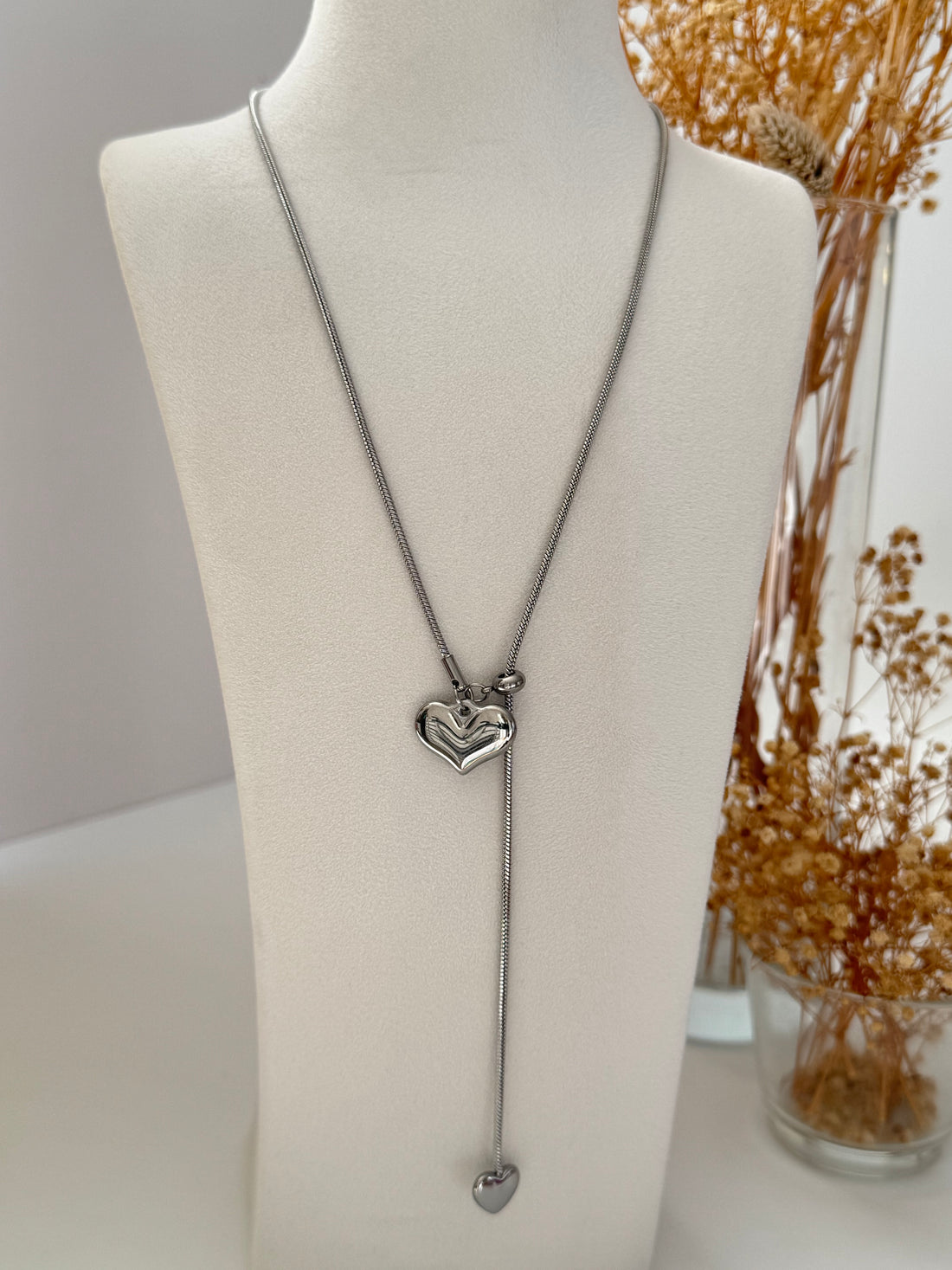 KALP DETAYLI AYARLANABİLİR ASANSÖRLÜ SİLVER ÇELİK KOLYE