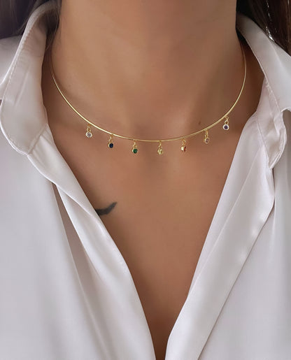 RENKLİ TAŞ SALLANTILI İTHAL GOLD CHOKER KOLYE