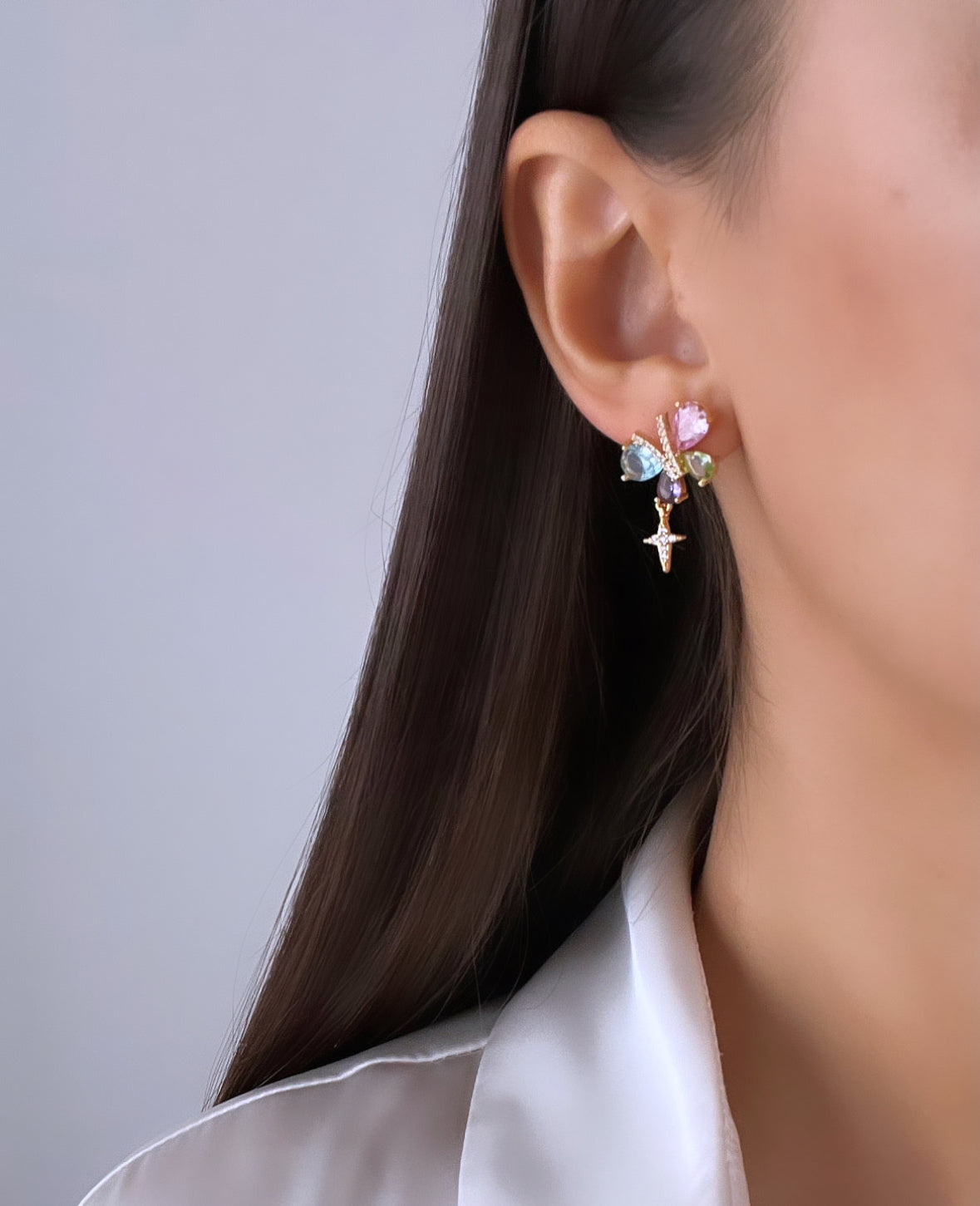 RENKLİ TAŞLI GOLD KELEBEK KÜPE